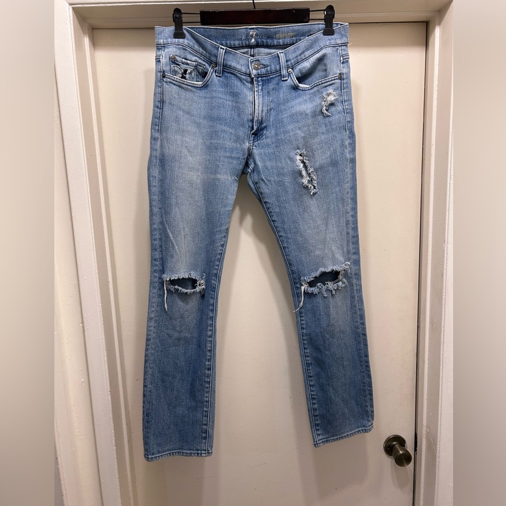 7 For All Mankind Slimmy Jeans Light Washed Blue Distressed Ripped S33X30 Men's